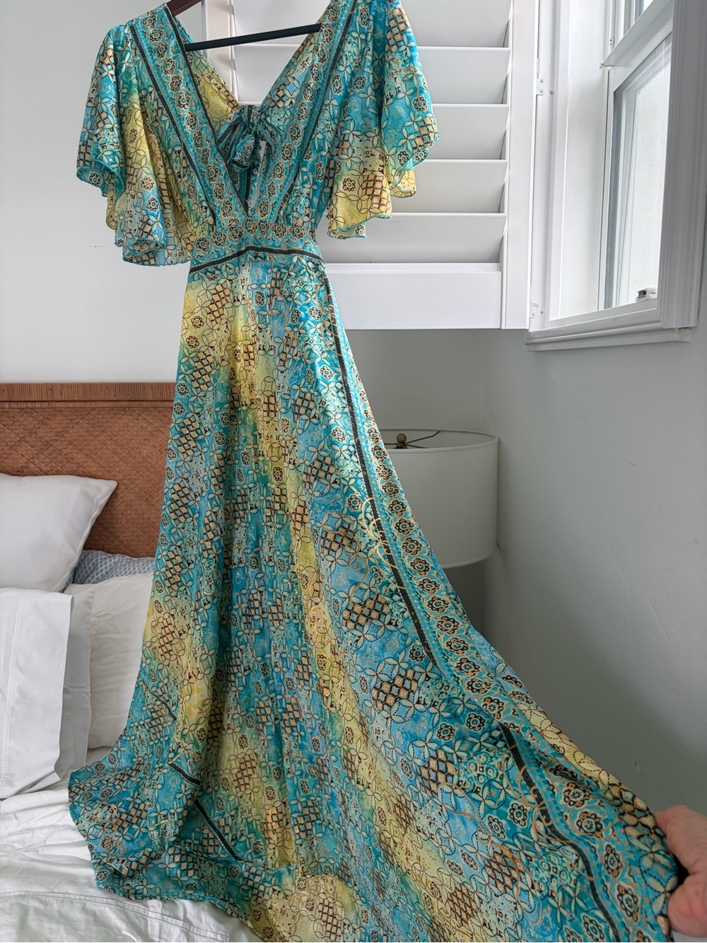 Bohemian Tie-Front Maxi Dress in Turquoise and Yellow